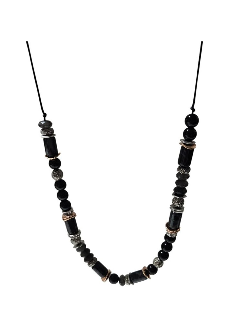 Handmade Black Beaded Necklace Elegant Gold Silver Accents Adjustable Cord Women